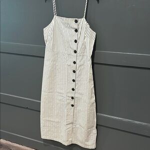 Striped Button-Down Dress - Navy Blue and Cream
